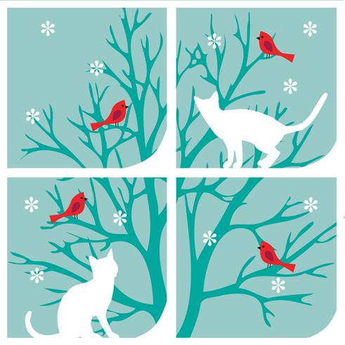 katten bij venster grafisch met boomkardinalen en sneeuwvlokken vector