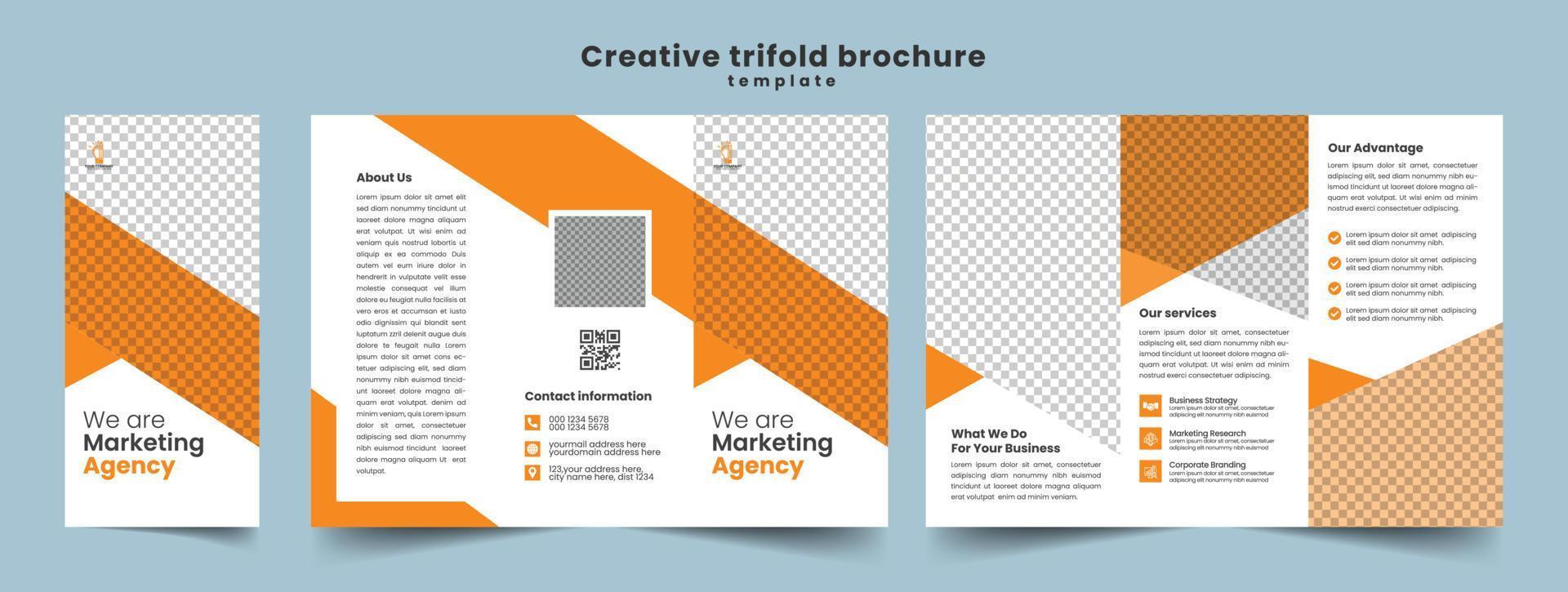 drievoudig brochureontwerp met blauwe en oranje kleur. zakelijke driebladige folder brochure flyer rapport sjabloonontwerp. vector