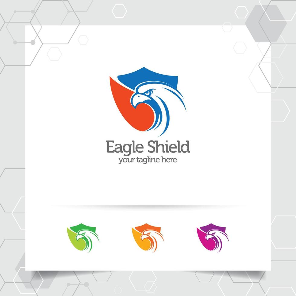 Eagle schild logo vector ontwerp met concept van bewaker en eagle hoofd pictogram illustratie voor gegevensbescherming, privacy lock en systeembeveiliging.