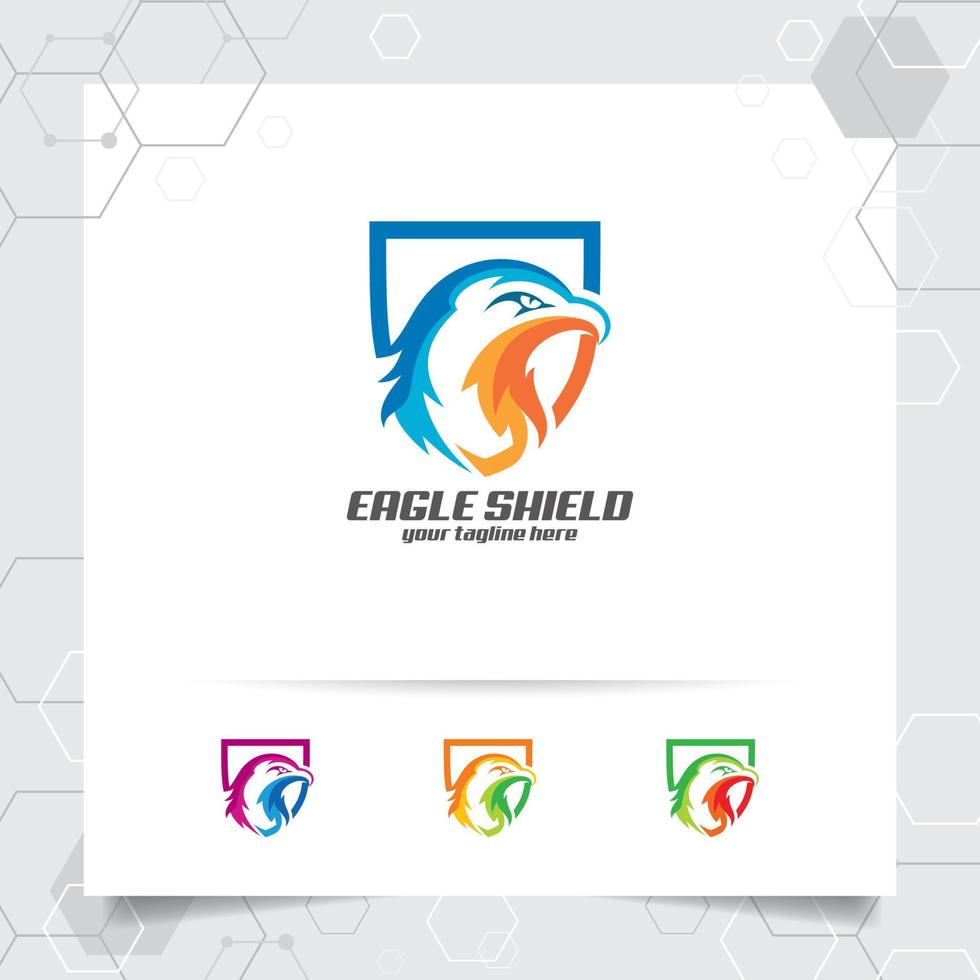 Eagle schild logo vector ontwerp met concept van bewaker en eagle hoofd pictogram illustratie voor gegevensbescherming, privacy lock en systeembeveiliging.