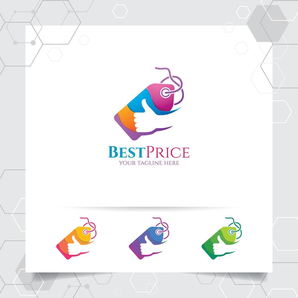 winkelen logo vector ontwerpconcept van prijskaartje pictogram en duim omhoog symbool voor online winkel, marktplaats, e-commerce en online winkel.