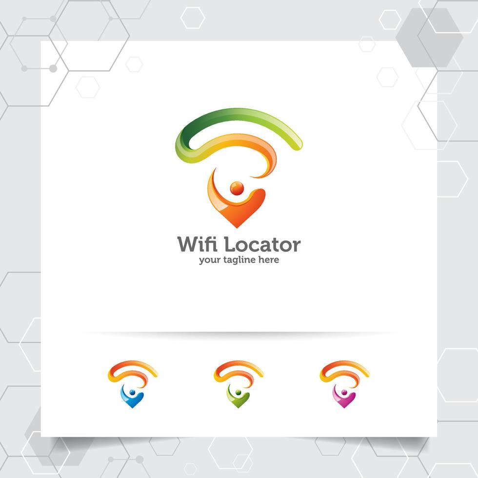 wifi-locatorlogo met modern glanzend ontwerp. kaartaanwijzer en wifi-signaalsymboolvector. vector