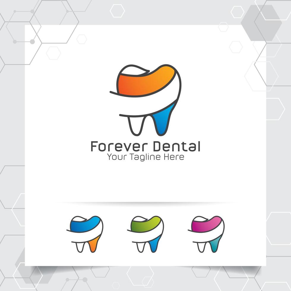 tandheelkundige logo tandarts vector ontwerp met concept van platte lijn tand pictogram. tandheelkundige zorg voor ziekenhuis, arts, kliniek en gezondheid.