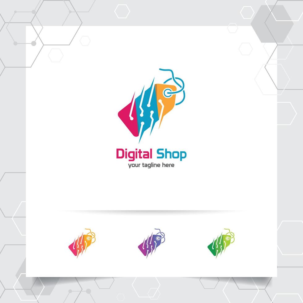 winkelen logo ontwerp vector concept van prijskaartje icoon en digitale technologie symbool voor online winkel, marktplaats, e-commerce en online winkel.