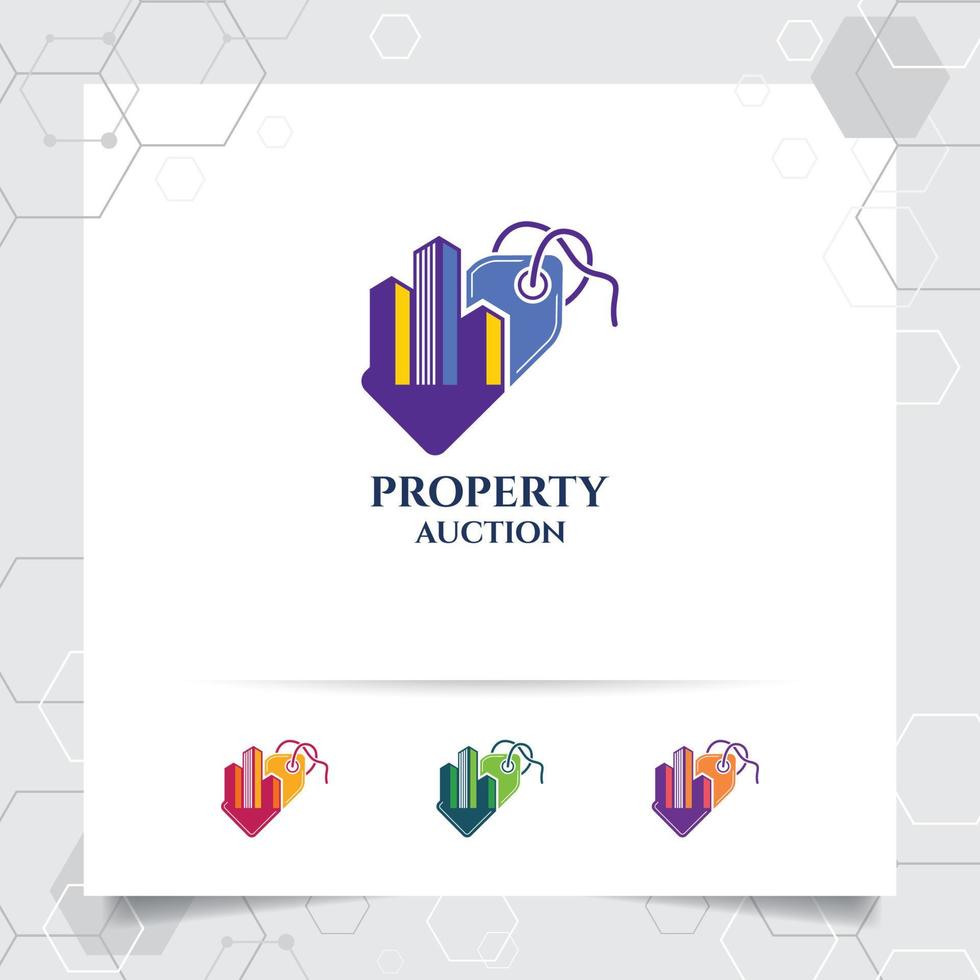 eigendom verkopen logo ontwerp vector concept van prijskaartje icoon en onroerend goed illustratie voor bouw, residentie en eigendom.