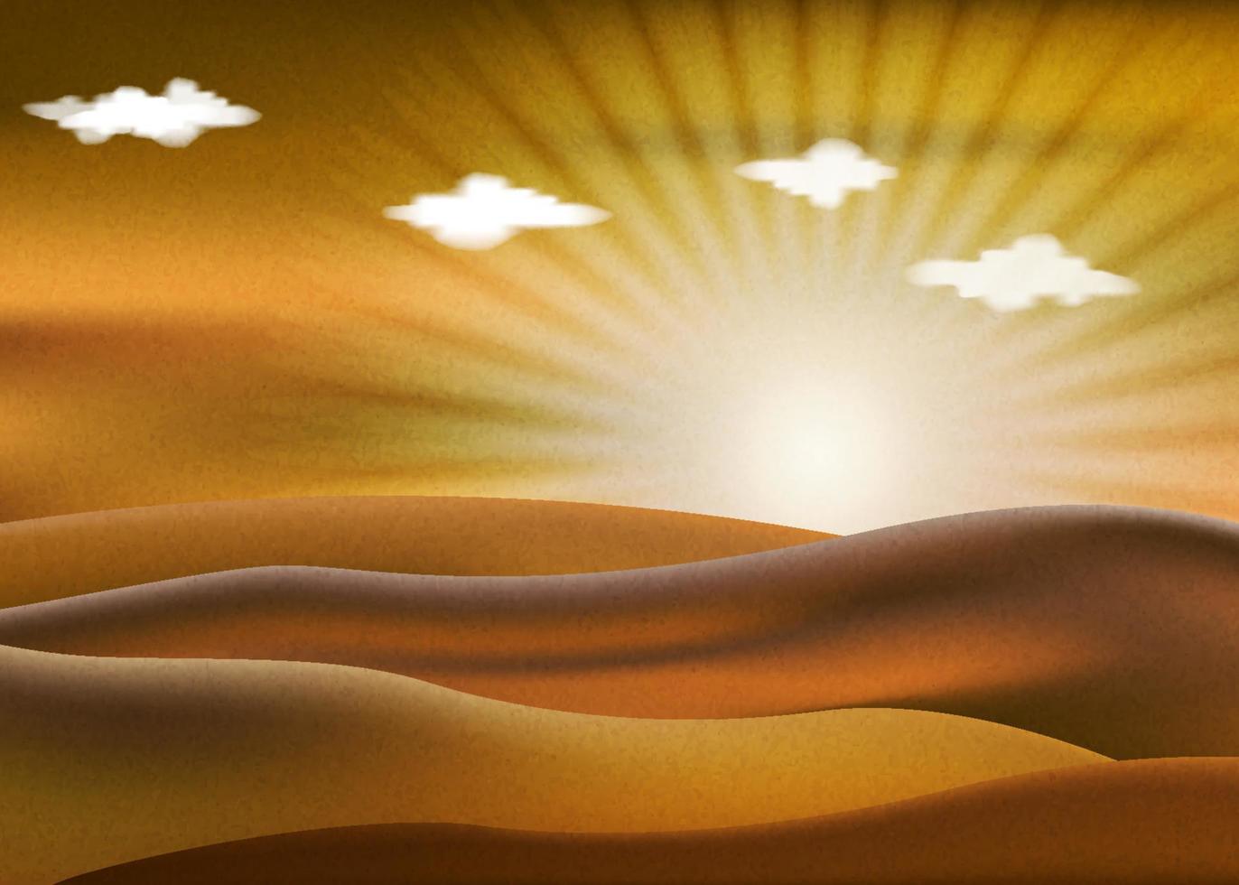 realistisch woestijnlandschap met zonsondergang. prachtig uitzicht op realistische zandduinen met zonsondergang. 3D-vectorillustratie van zandwoestijn. vector