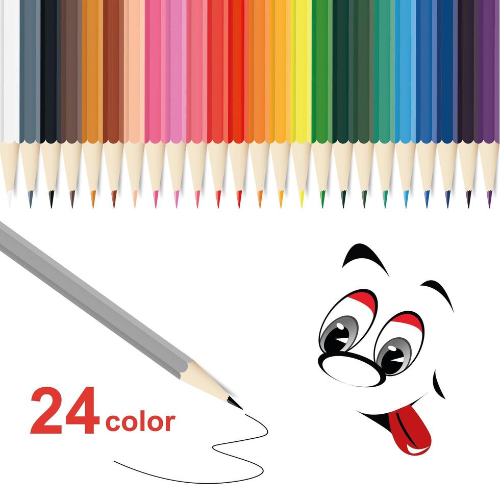 web24 kleurpotloden in regenboogstijl, kleurpotloden set. vectorillustratie van een schoolthema op een witte achtergrond met veelkleurige potloden en een grappig gezicht vector