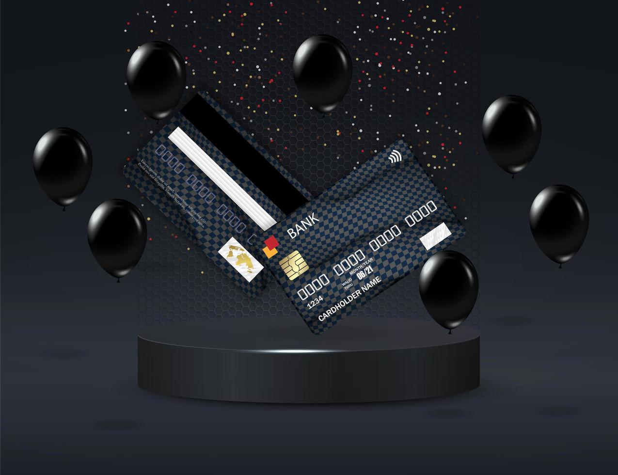 odium met zwarte creditcards in ballonnen. zwarte vrijdag verkoop vector, debetkaarten en confetti op zwarte achtergrond. zwarte vrijdag verkoop label. ontwerpelement voor banners, flyers, ansichtkaarten vector