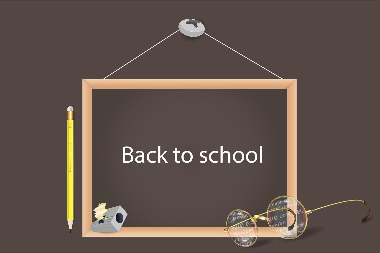 terug naar school. vector 3D-realistische houten schoolbord, houten frame met potlood en glazen. schoolbord ontwerpsjabloon, banner. klasbord, vooraanzicht