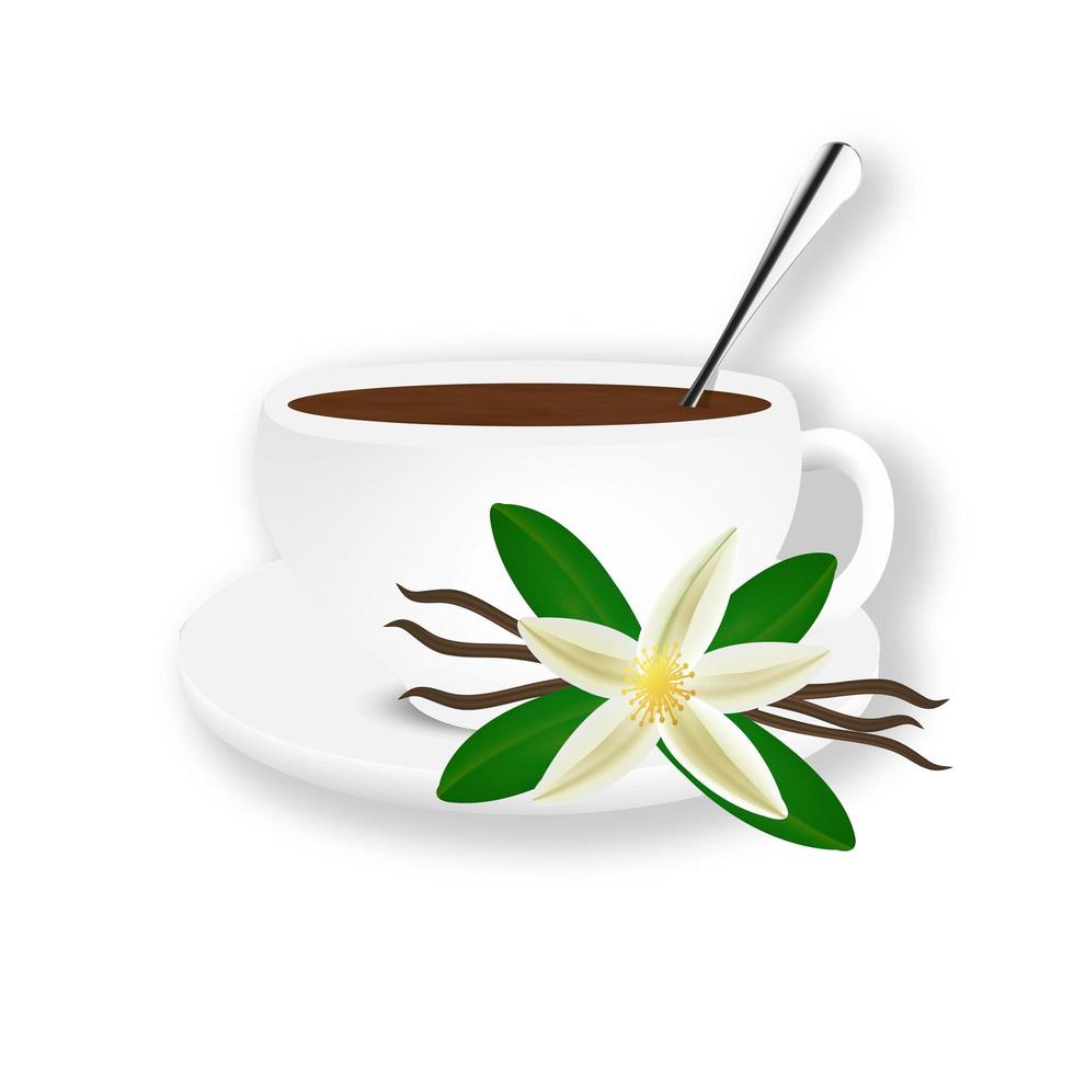 vector 3D-realistische witte porseleinen keramische mok met lepel en bloem. vanille bloem. cappuccino, latte. voorraad vectorillustratie. ontwerpsjabloon