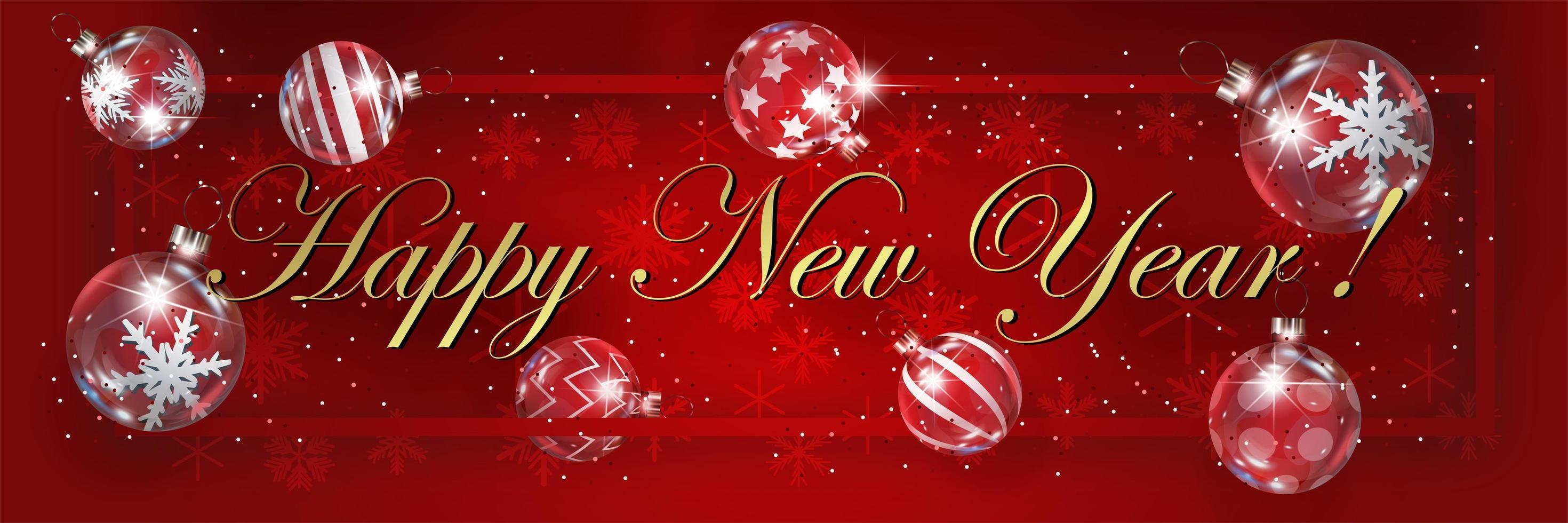 nieuwjaar horizontale banner met frame en kleurrijke ballen met glitters en sneeuwvlokken. nieuwjaar en kerstkaart vectorillustratie op rode achtergrond vector