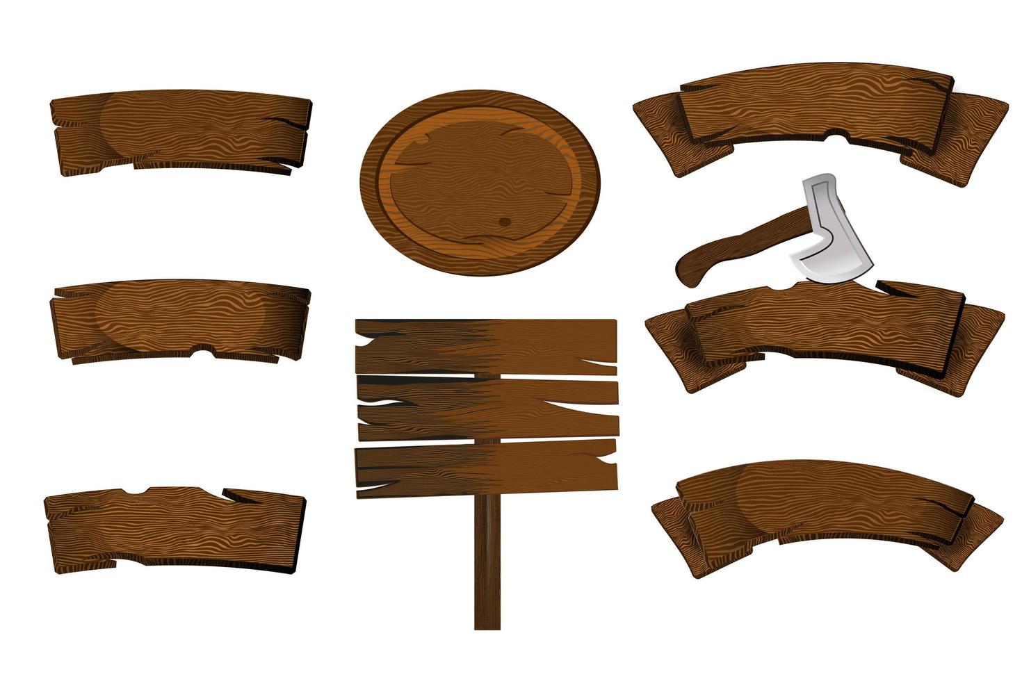 houten borden set.ruwe bruine rustieke planken en planken, uithangborden opknoping, bar en salon banner sjablonen. vector