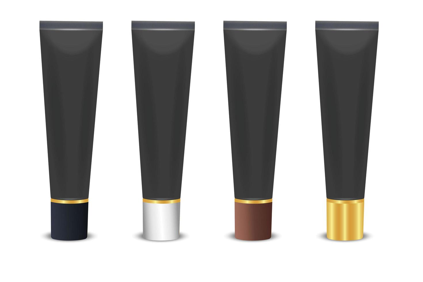 vector 3D-realistische plastic, zwarte lippenbalsem, crème buis, lippenstift verpakking set geïsoleerd op een witte achtergrond. ontwerpsjabloon van tandpasta, cosmetica, crème, tandpasta voor mockup. uitzicht van boven