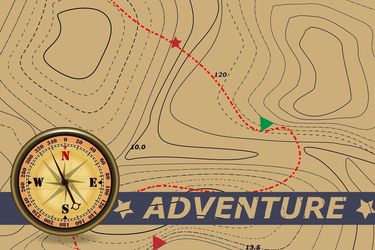 reis. avontuur en azimut kompas en kaart. de achtergrond van de route op de contourkaart. toerisme en reizen symbool. vector