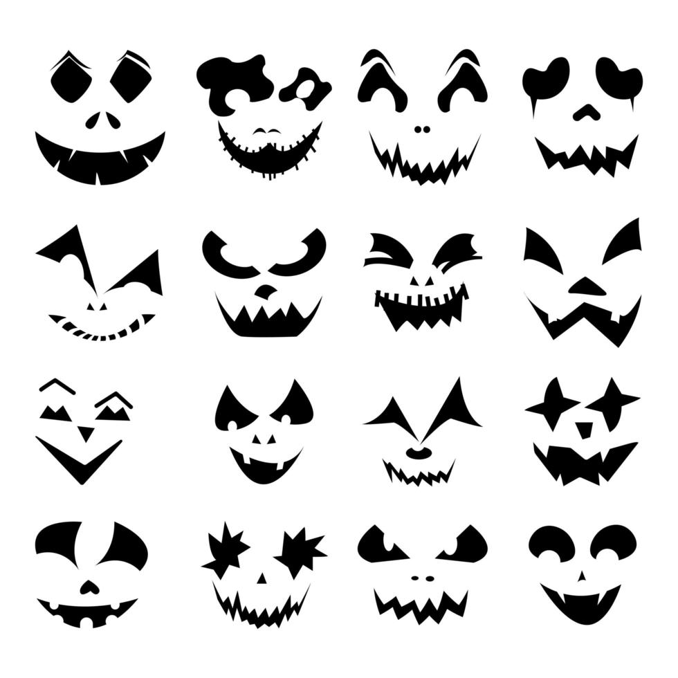 set van vector halloween pompoenen gezichten. jack-o-lantern met verschillende gezichtsuitdrukkingen. halloween spookgezichten op witte achtergrond