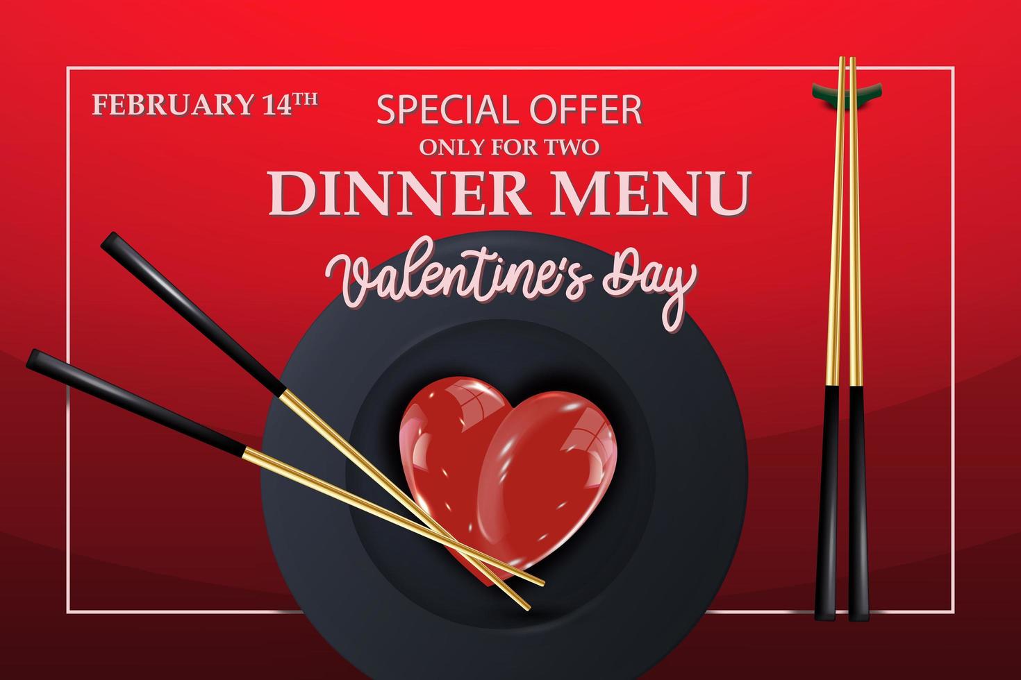Valentijnsdag menu ontwerp met gouden sushi sticks op een rode achtergrond. romantiek, 14 februari, diner, voedselconcept. vectorillustratie voor spandoek, poster, menu, folder, advertentie. vector