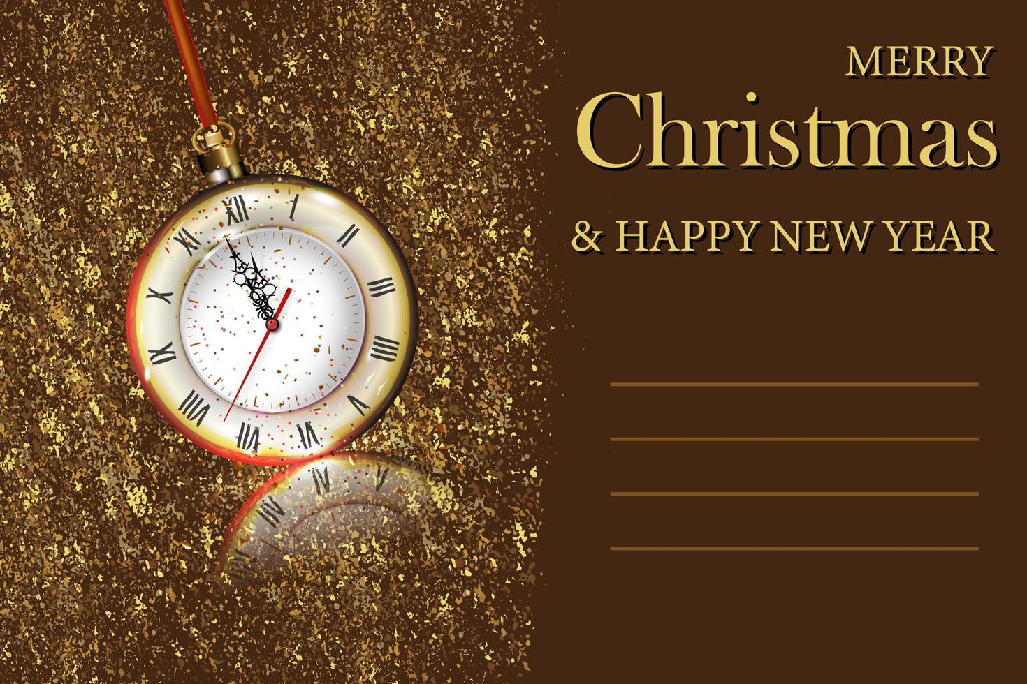 vrolijk kerstfeest en nieuwjaar wenskaart met gouden horloge. vector