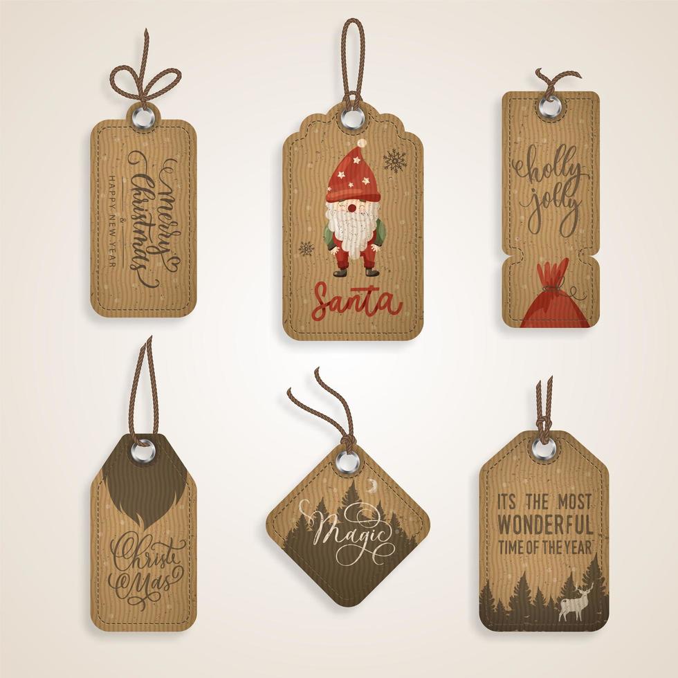 vector set kerst verkoop papieren tags met santa, herten en cadeau met kalligrafie voor kerstvakantie winkelen promotie.