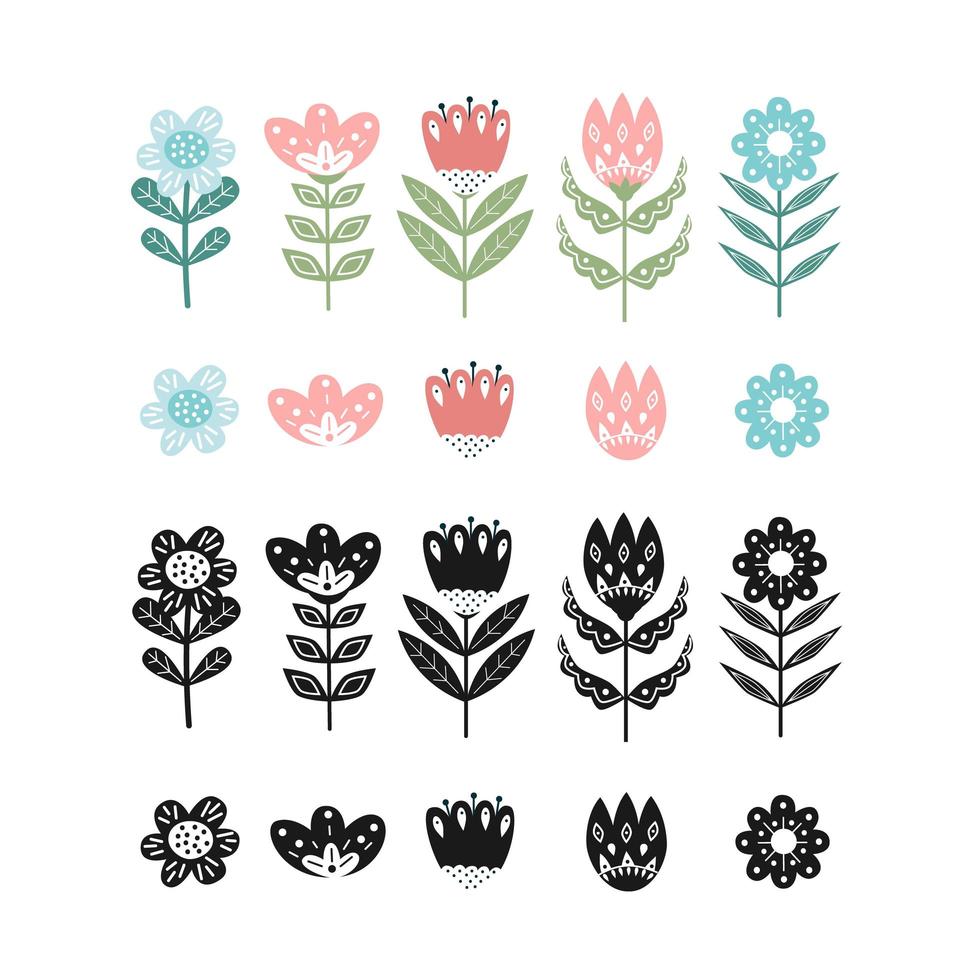 Scandinavische schattige folk vector platte bloemen, bloemdessin geïnspireerd door traditionele Scandinavische illustratie. retro natuur gelukkig volkskunst ornament.