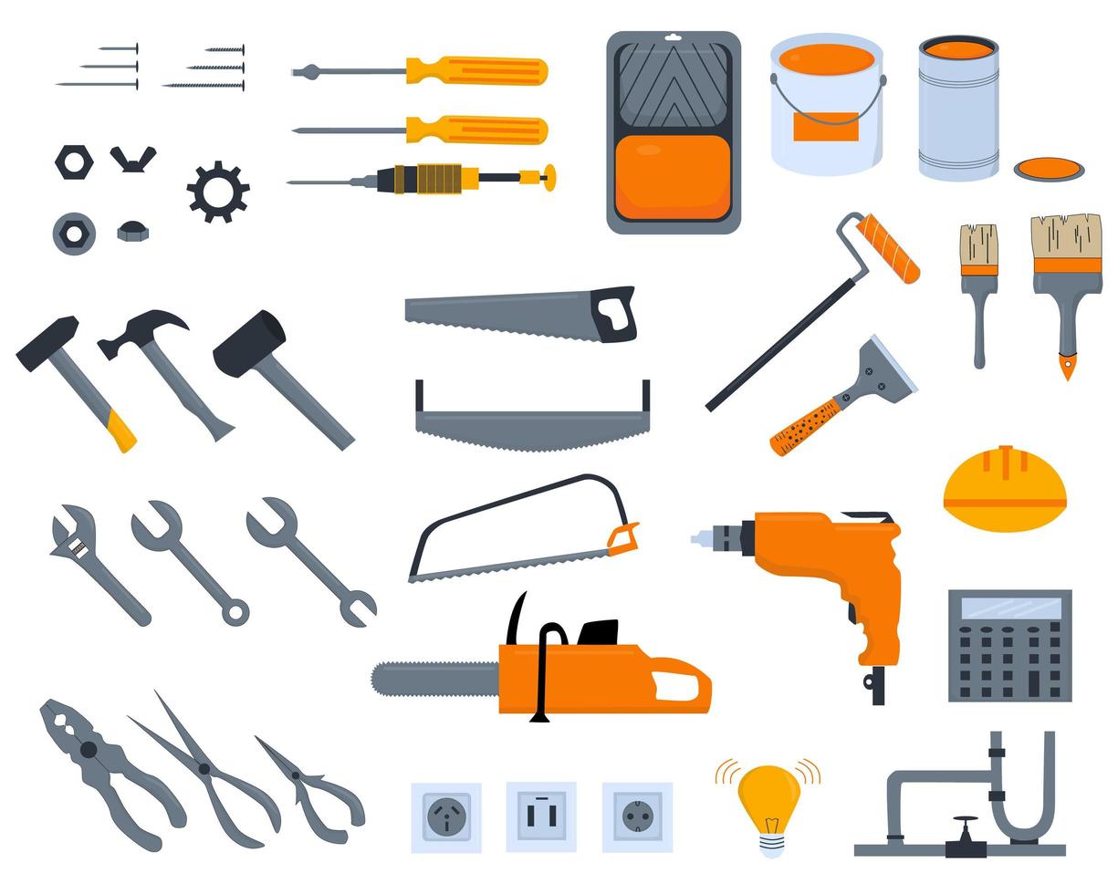 set met verschillende uitrustingsstukken, vlakke afbeelding. elektriciteit, huisreparatie, huisvernieuwingsconcept vector