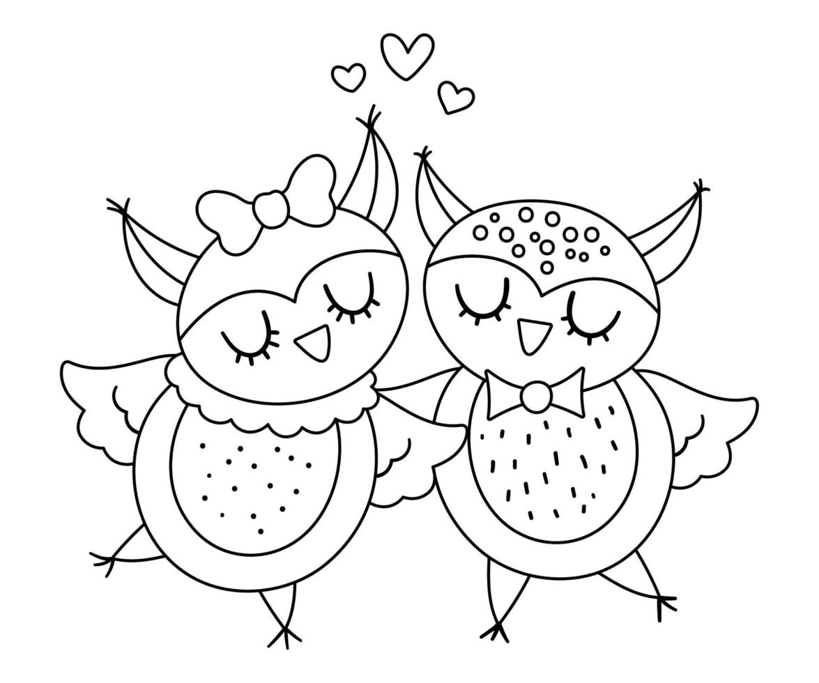 vector schattig zwart-wit uilen paar. liefdevolle paar illustratie. liefdesrelatie of familieconcept. romantische vogels geïsoleerd op een witte achtergrond. grappige valentijnsdag lijn tekens.