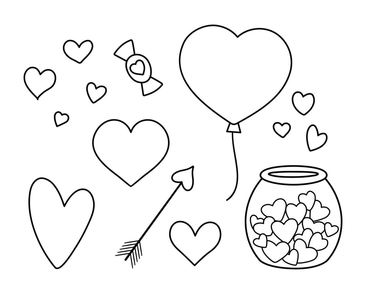 vector zwart-wit set met harten. schattige hartvormige ballon, pijl, zoet, pot met snoepjes geïsoleerd op een witte achtergrond. speelse sint-valentijnsdag lijn iconen of kleurplaat collectie.