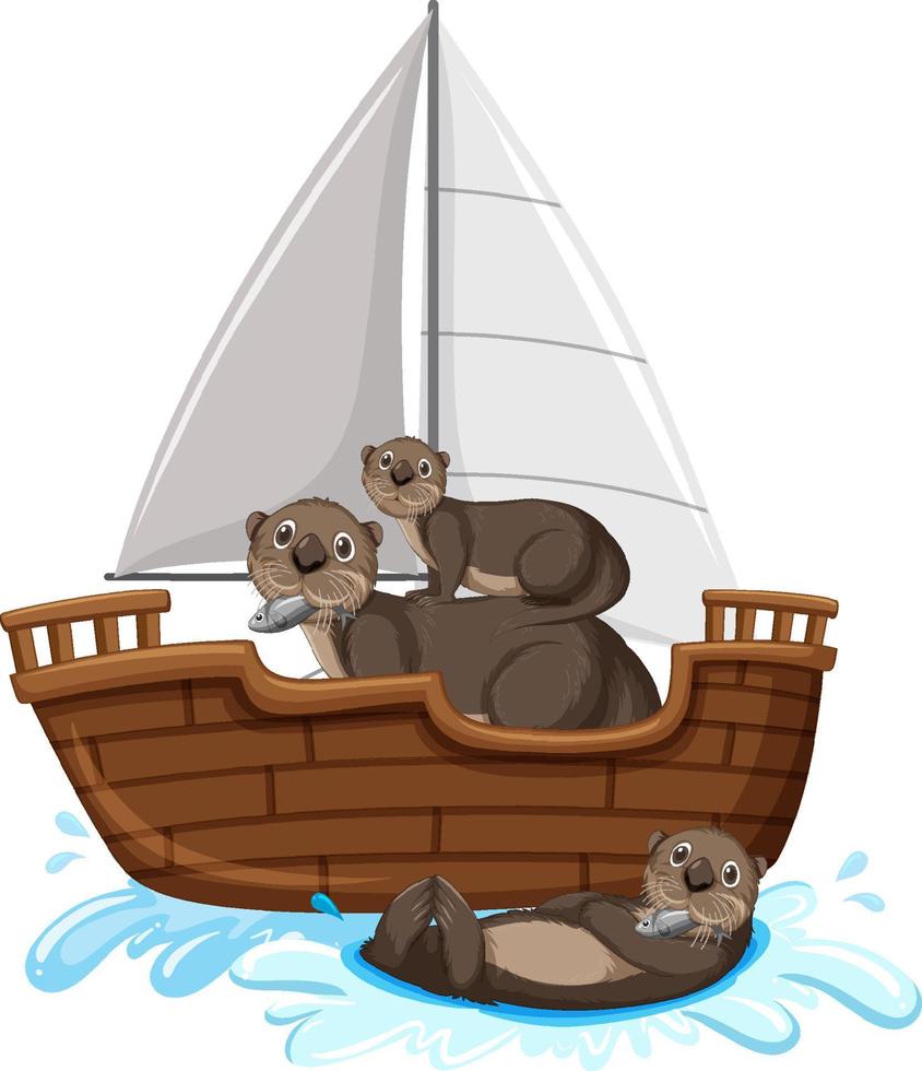 otters op een schip in tekenfilmstijl vector