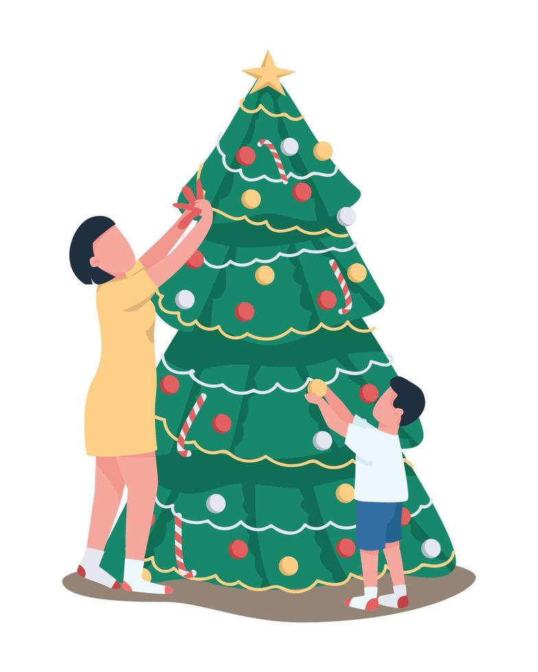 moeder en zoon versieren kerstboom semi-egale kleur vectorkarakters vector