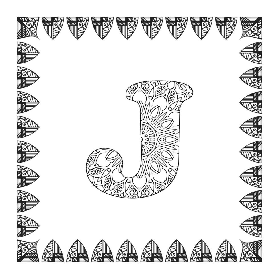 letter j met mandala bloem. decoratief ornament in etnische oosterse stijl. kleurboekpagina vector