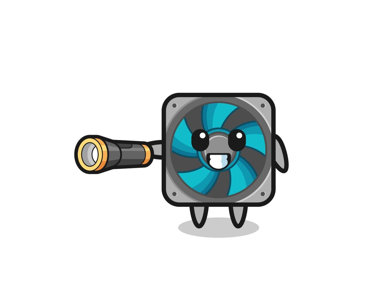 computer fan mascotte met zaklamp vector