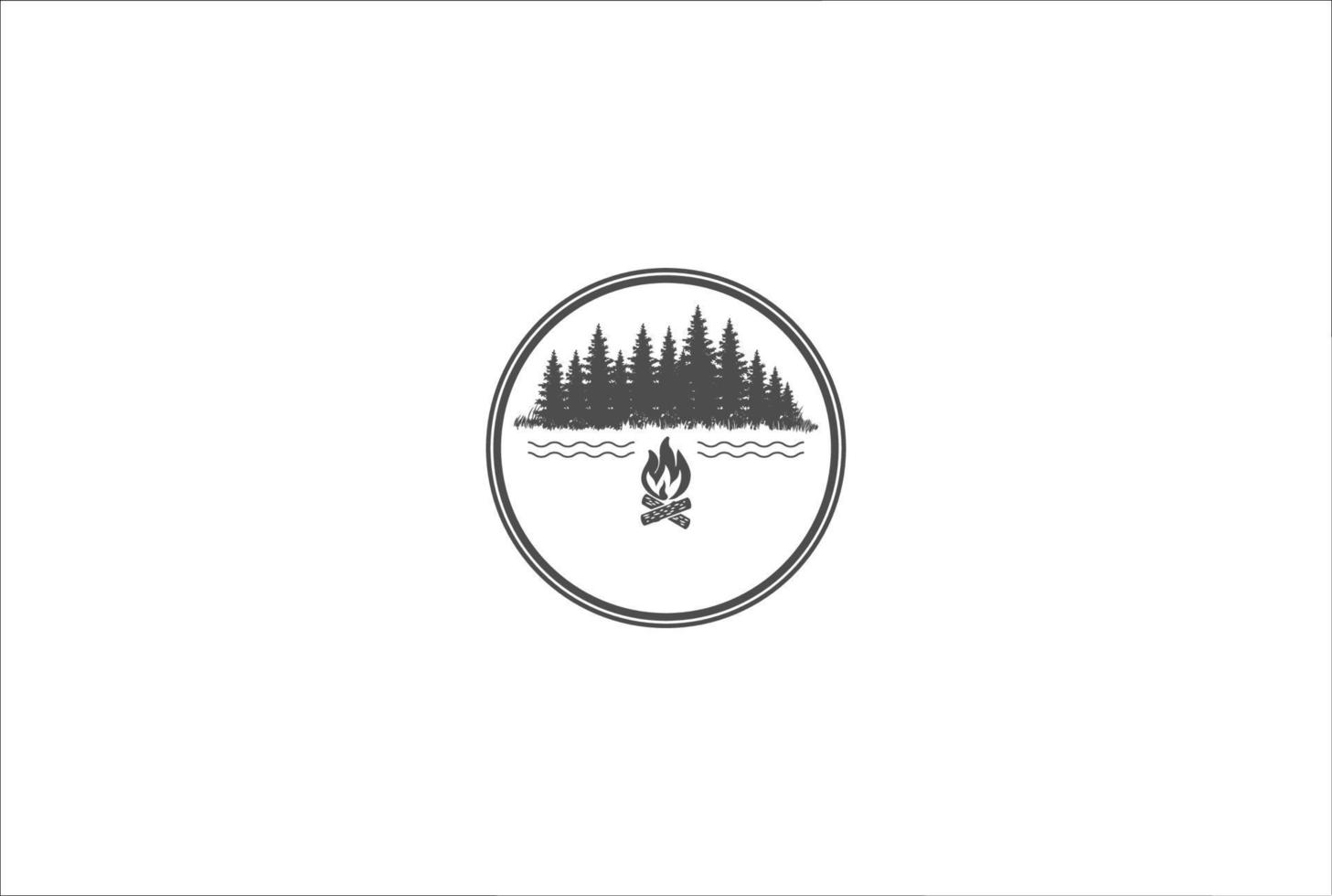 dennen ceder naald naaldhout groenblijvende spar lariks cipres hemlock tress bos en rivier meer kreek en vreugdevuur voor kamp outdoor avontuur logo ontwerp vector