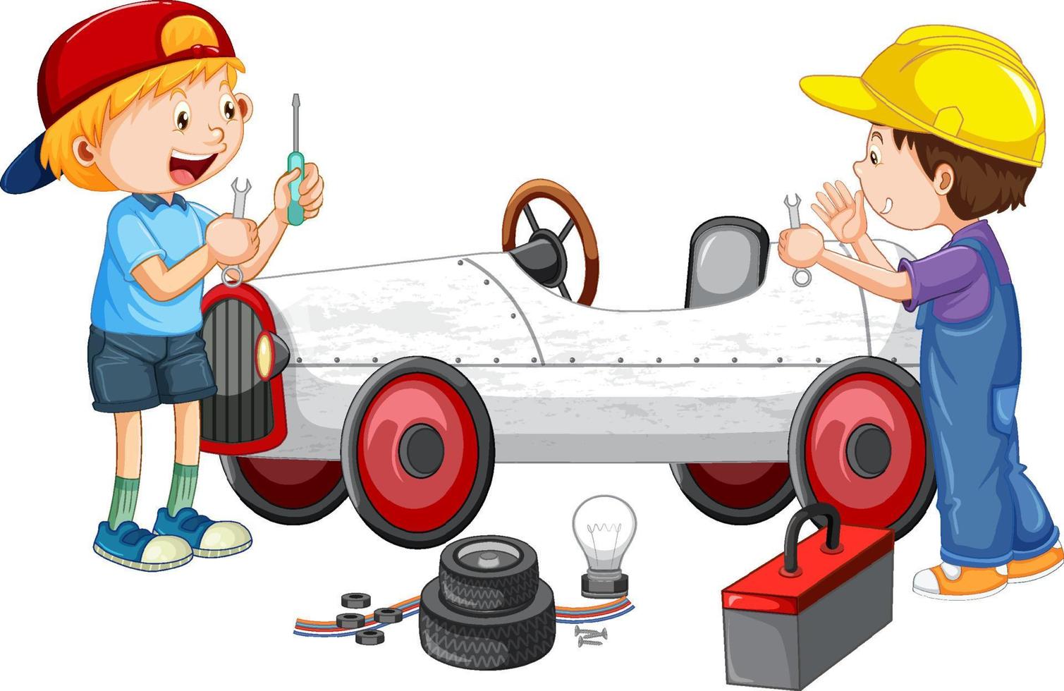 kinderen die samen een auto repareren vector