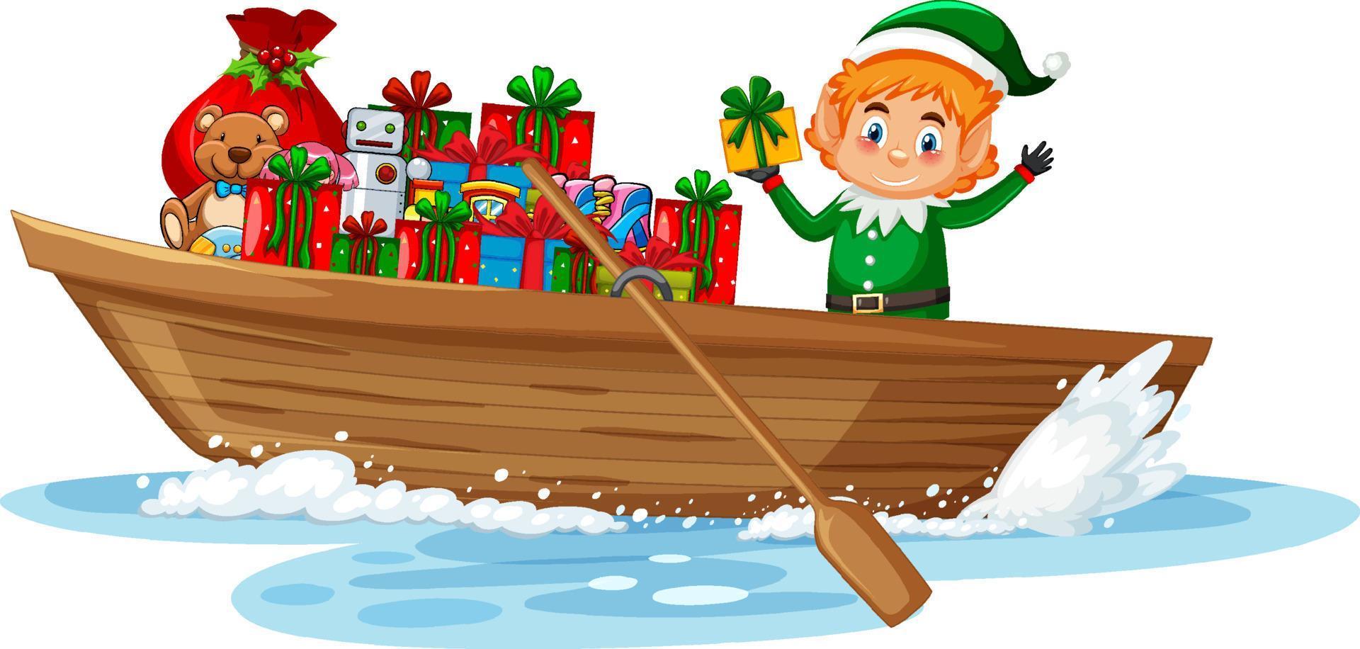 elf op roeiboot met veel geschenkdozen vector