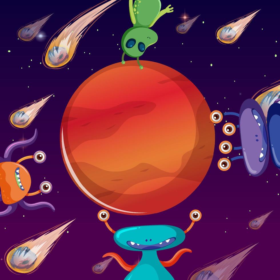 aliens in de ruimte met Mars Planet in cartoonstijl vector