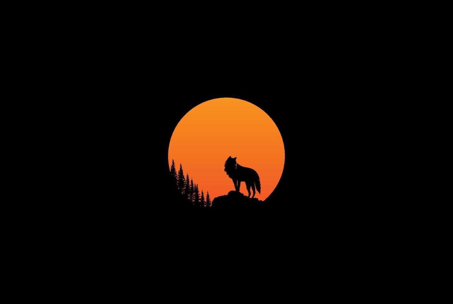 zonsondergang zonsopgang met wolf jakhals en bergbos logo ontwerp vector