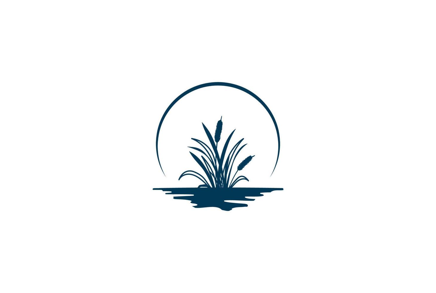 eenvoudige minimalistische zonsondergang zonsopgang of maan met gras lisdodde riet rivier kreek meer moeras logo ontwerp vector
