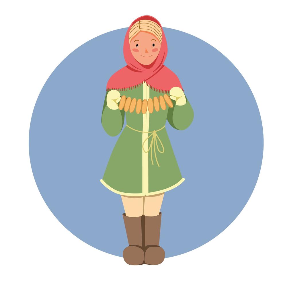 een meisje in een sjaal met bagels in haar handen. vector
