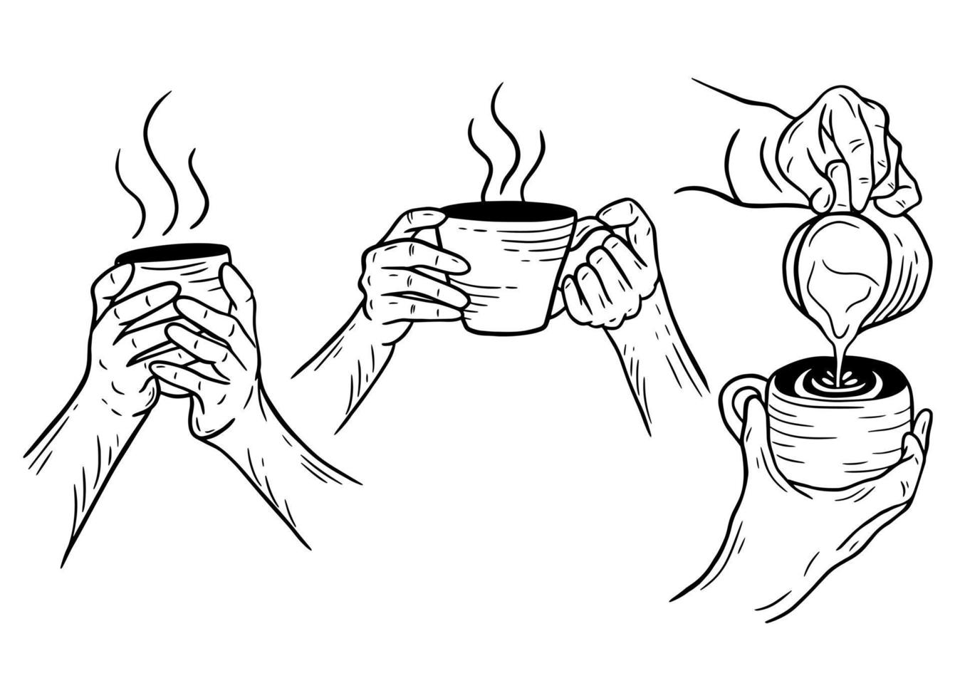set hand getrokken vasthouden koffie room drank dessert winkel glas beker menu café restaurants illustratie vector