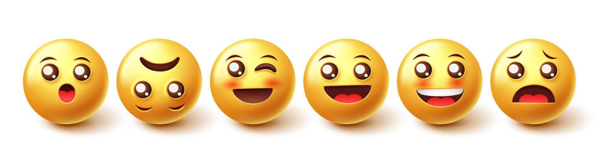 emoji's vector tekenset. emoticons 3D-grafisch ontwerp emoji in glimlachen, blozen en verrast gezicht tekens collectie geïsoleerd op een witte achtergrond. vectorillustratie.