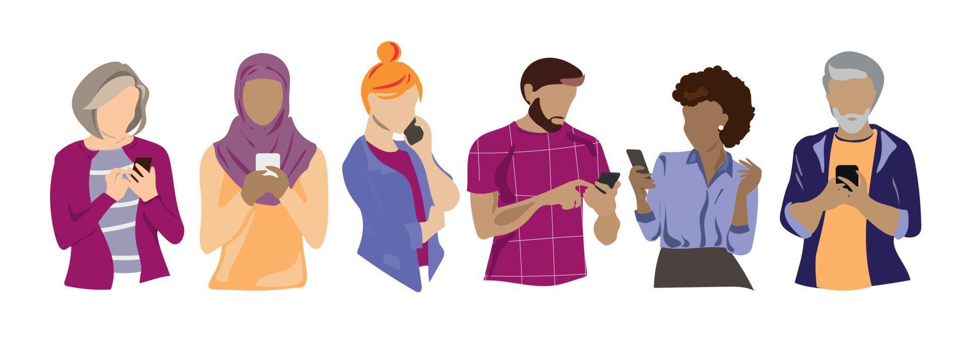 multiraciale jonge en oude mensen gebruiken smartphone en chatten. verschillende mensen man en vrouw praten en typen aan de telefoon. collectie van vrouwelijk en mannelijk karakter geïsoleerd op verschillende lagen. vector