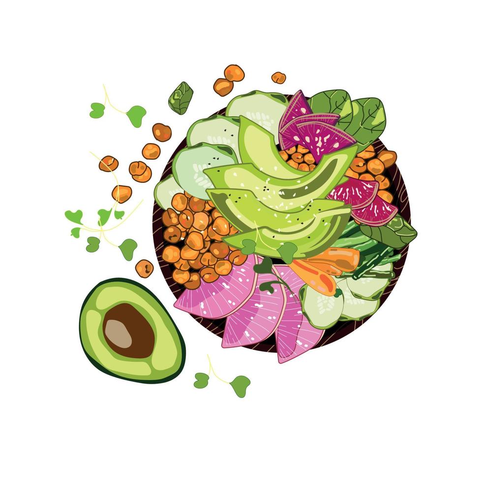 Vegan detox Boeddha kom met kikkererwten, avocado, radijs, wortelen, kruiden en sesamzaadjes getekend in realistische cartoon stijl op een witte background.vector voedsel illustratie bovenaanzicht.healthy food concept vector