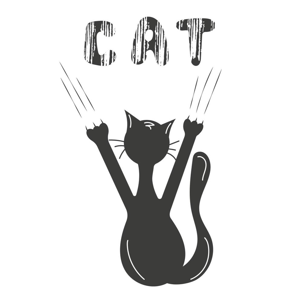 zwarte kat krassen op de muur, concept met getextureerde belettering en klimmen kat geïsoleerd op een witte achtergrond. vector illustratie