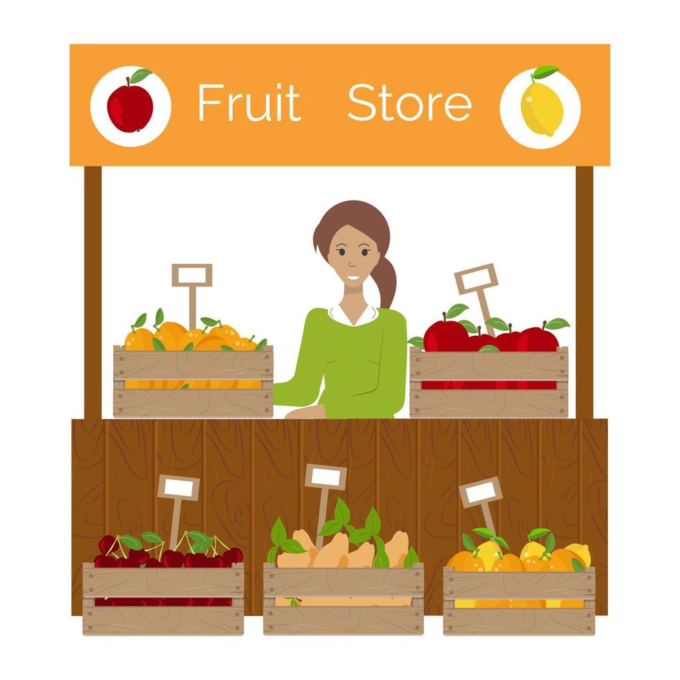 fruitwinkel staan voorkant, houten kist met fruit en prijskaartje. jonge vrouw verkoopt fruit bij een straatkraam. vector illustratie