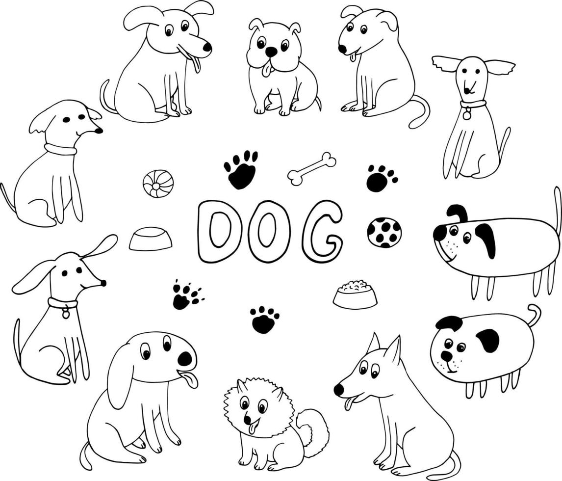honden pictogramserie. hand getrokken doodle. , scandinavisch, noords, minimalisme, zwart-wit. huisdier, dier schattig grappig kom eten bal voetafdrukken poten belettering vector
