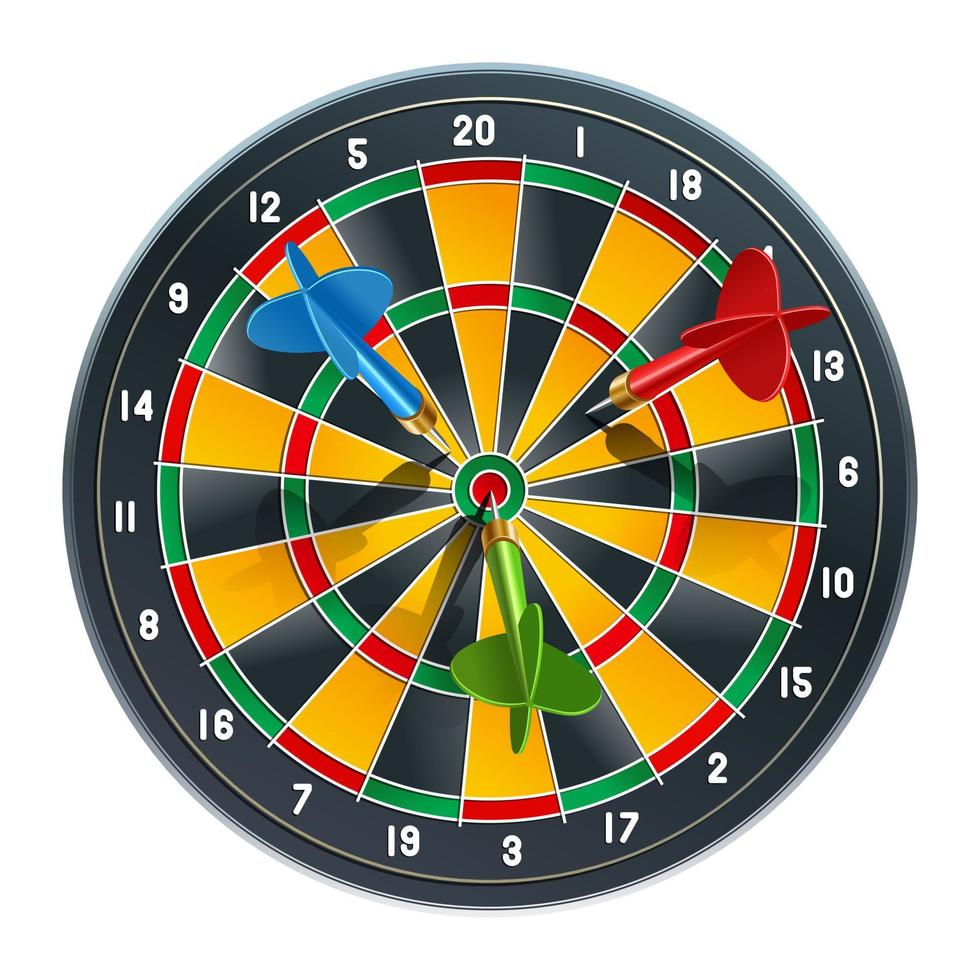 dartspel met blauwe, rode en groene darts. raak het doel. sport spel. vectorillustratie geïsoleerd op een witte achtergrond vector