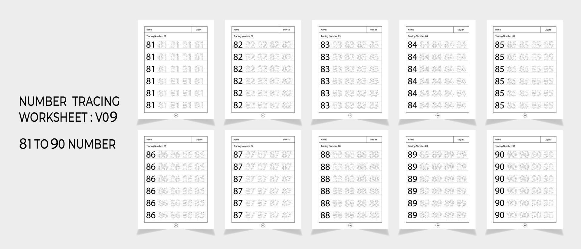 werkbladen voor het traceren van nummers op de kleuterschool, wiskunde voor educatief ontwerp van wiskundegames, afdrukbaar werkblad vector