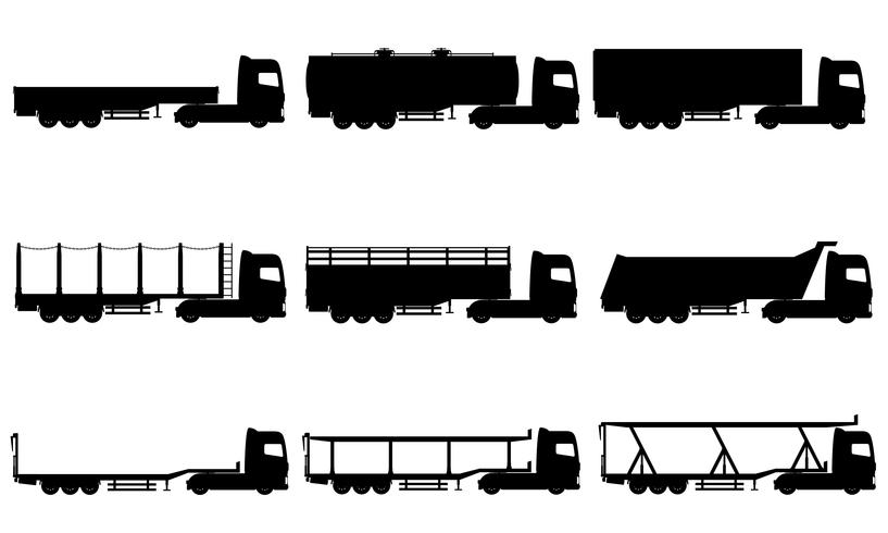 Stel pictogrammen vrachtwagens oplegger zwart silhouet vectorillustratie vector