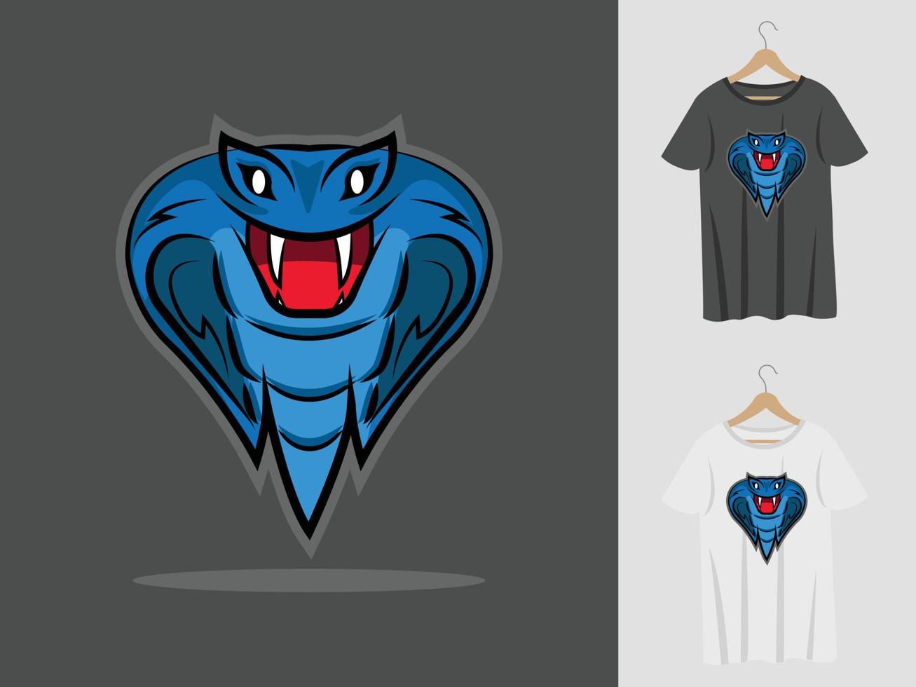 slang logo mascotte ontwerp met t-shirt. cobra hoofdillustratie voor sportteam en bedrukking van t-shirt vector