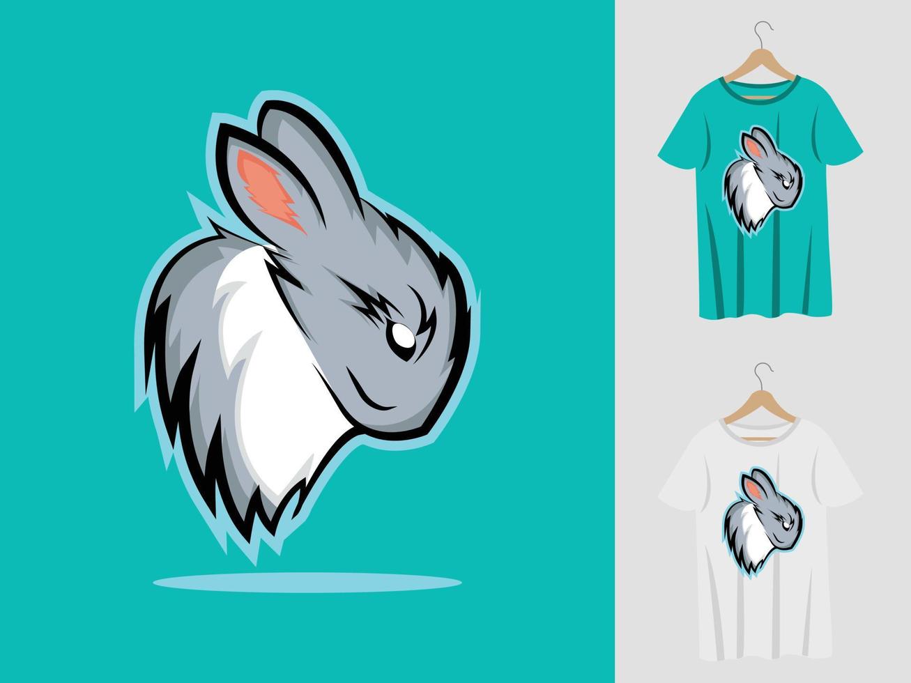 konijn logo mascotte ontwerp met t-shirt. konijnenkopillustratie voor sportteam en bedrukking van t-shirt vector