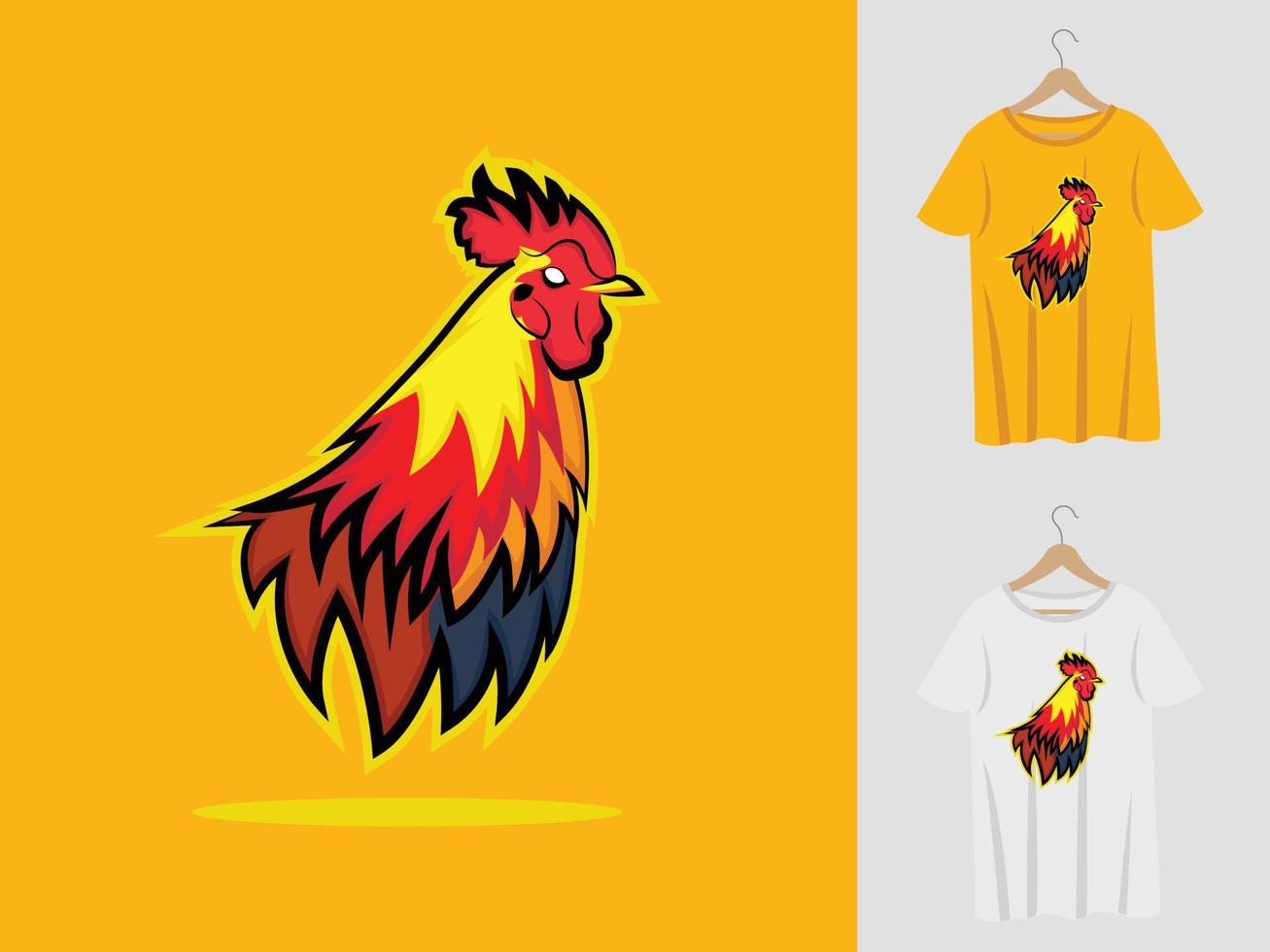 haan logo mascotte ontwerp met t-shirt. haan hoofd illustratie voor sportteam en bedrukking van t-shirt vector